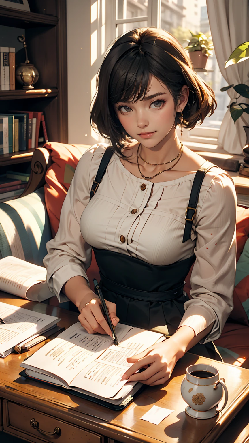 living room, sofa, window, curtain, Speckled sunlight, Potted plants, table, cupboard,Bookshelf, paper, Desk lamp, Typewriter, Girl sitting on sofa、smile