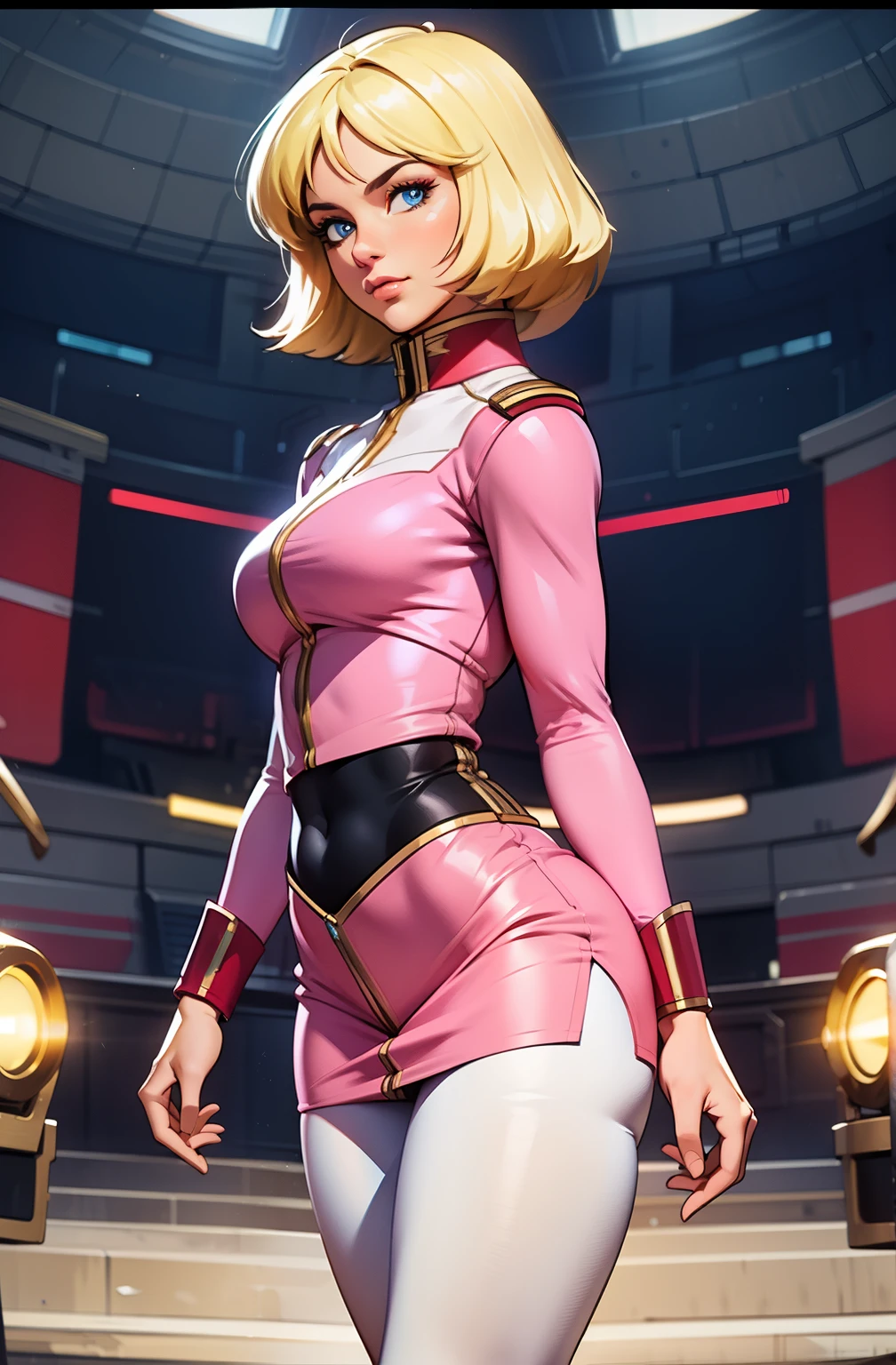 ((masterpiece)), ((cinematic lighting)), realistic photo、Real Images、Top image quality、1girl in, sayla mass, Elegant, masterpiece, Convoluted, slim arms, wide hips, thick thighs, thigh gaps, Best Quality, absurderes, high face detail, Perfect eyes, mature, Cowboy Shot, , Vibrant colors, soft pink uniform, soft pink Skirt, white tights, side view, looking at viewer