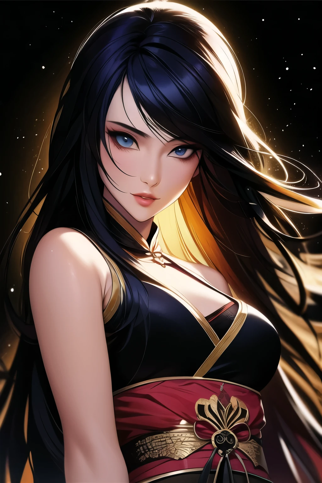  ((sureal image))((tall, beautiful, gorgeous, majestic, magical, celestical goddess of the night)) ((seductivee)) ((pale skin)) ((blue eyes)), ((dark eyeshadows make up)) ((red lips)) ((very long black hair, glowing hair)) ((big breast:1.5)) ((skinny body:1.3)) ((war thight full bodylong dress, long sleeves with ornaments decoration)) ((black stocking, jewelry)) ((seductive pose, floating above floor inside celestial metaphysic space)) ((divine and magical aura around her)) ((gold crown of light above head)) ((magic particles floating around)) ((high definition:1.5), ((masterpiece:1.5))((8k:1.5)) ((Best quality:1.4)), more_details:-1, more_details:0, more_details:0.5, more_details:1, more_details:1.5, 