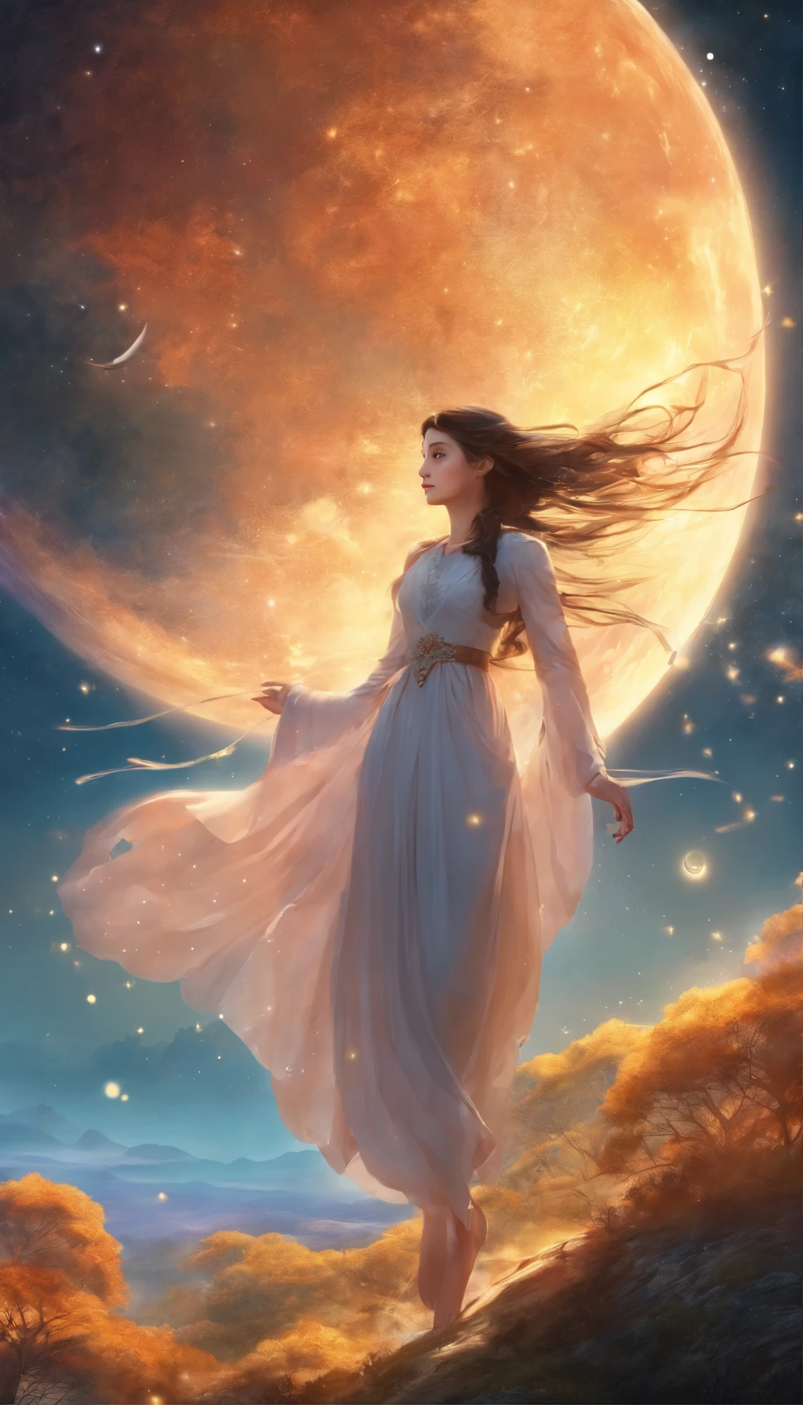 with high definition images，A scene from a movie，masterpiece、Top quality、16K UHD、 Permanent Moonlit Grassland、Vast and endless、solo、young、Shine、dusk、Starry Sky、 12 year old girl with black hair、 Hair floating gently in the air as if defying gravity、 Back view、Showcasing her simplicity、 Looking up at the setting sun with three celestial bodies in the background、 The sun shining in space、The combined glow creates a warm and surreal light.、 8k resolution、Offers ultra-detailed landscapes dotted with stars。