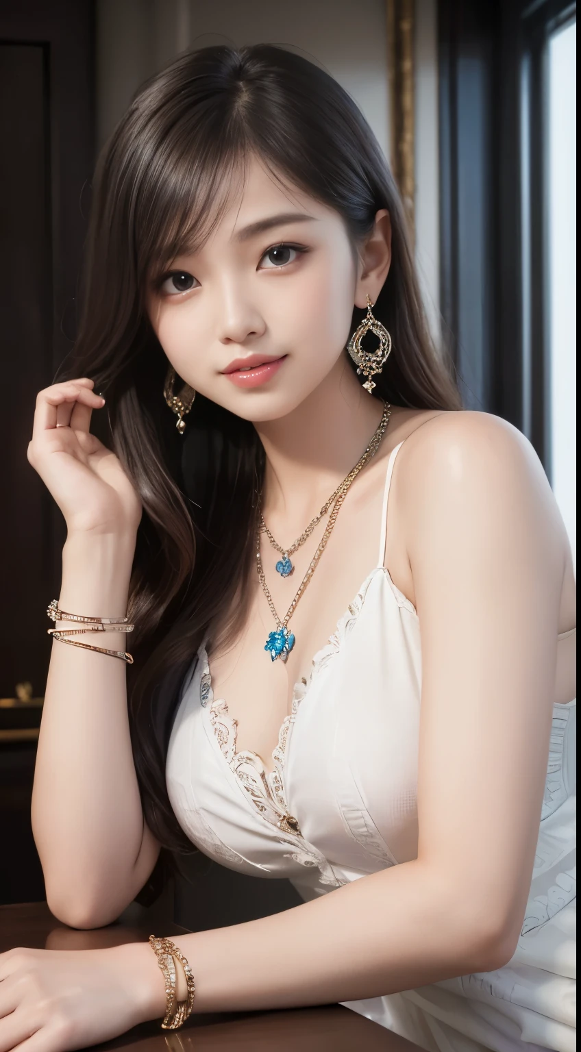 8k, Tabletop, RAW Photos, highest quality, Realistic, Highly detailed CG Unity 8k wallpaper, Depth of the written border, Cinematic Light, Lens flare, Ray Tracing, (Very beautiful face, Beautiful Lips, Beautiful Eyes), Intricately detailed faces, ((ultra high density skin)) 1 girl, In the Dark, Deep Shadow, Cute Korean Girl, ((Looking at the audience)),(Captivating smile), (Blurred Background), Earrings, bracelet, necklace, Clear Eyes, Bedroom, Front shot, (White skin), I'm looking forward to, (Big eyes), ((Upper Body Shot)), ((Lace dress、corset)), (Camel Toe, shape), (ponytail), (Big Breasts:1.5), ((Camel Toe)),