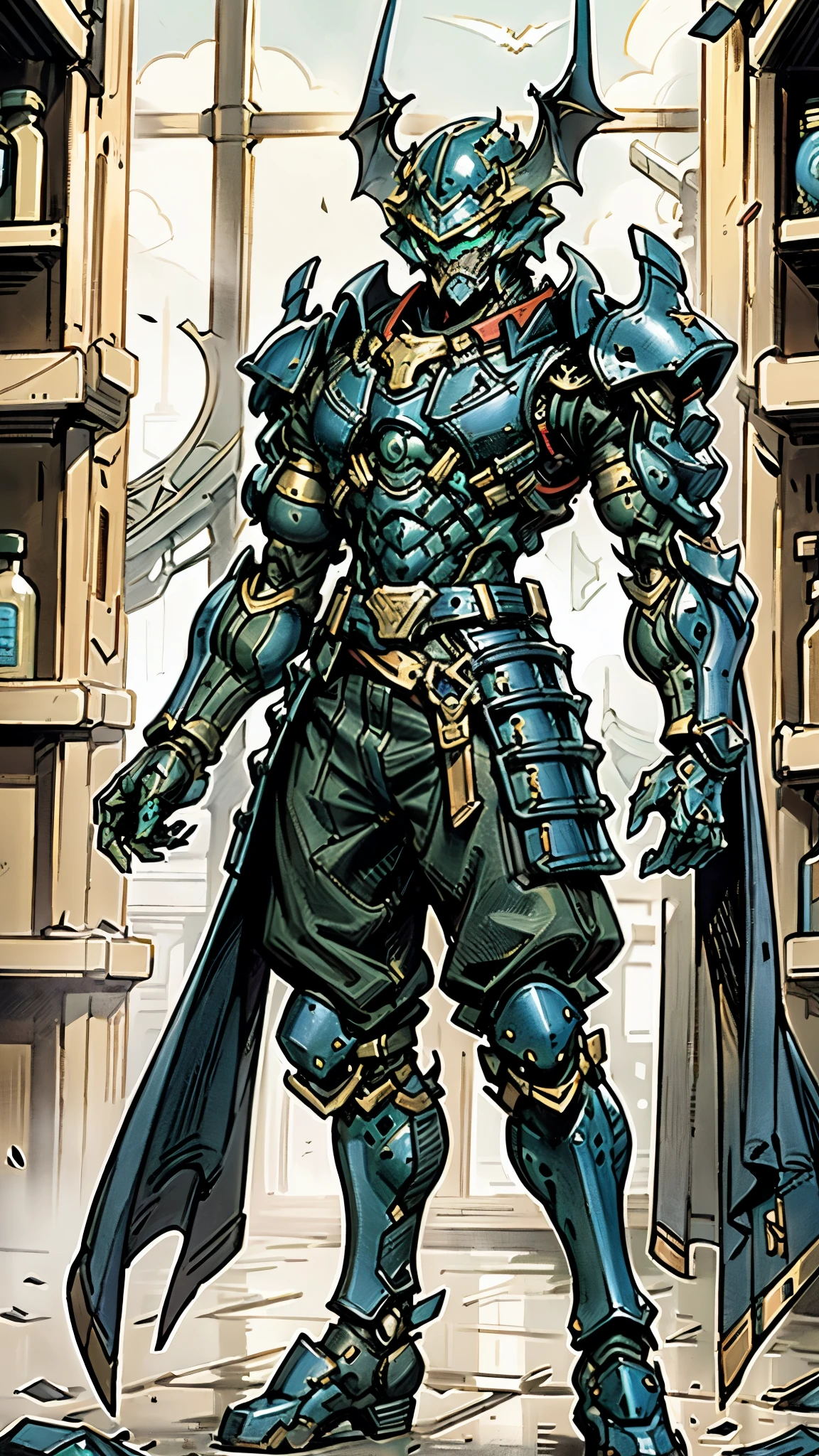 A man wearing a full-face helmet, a fantasy-style biotech armored combat suit, green eyes, (a composite layered chest armor), fully enclosed shoulder guards, matching arm and leg guards, the belt is adorned with fangs biting into orbs, (the color scheme is primarily black with red accents), the design balances heavy with agility, a high-tech bio-mecha armor, (Armor Concept Inspired by Bat, stand on the top of a skyscraper in a futuristic sci-fi city), this character embodies a finely crafted fantasy-surreal style armored hero in anime style, exquisite and mature manga art style, (element, plasma, energy, the armor glows), ((male:1.5)), metallic, real texture material, dramatic, high definition, best quality, highres, ultra-detailed, ultra-fine painting, extremely delicate, professional, perfect body proportions, golden ratio, anatomically correct, symmetrical face, extremely detailed eyes and face, high quality eyes, creativity, RAW photo, UHD, 32k, Natural light, cinematic lighting, masterpiece-anatomy-perfect, masterpiece:1.5