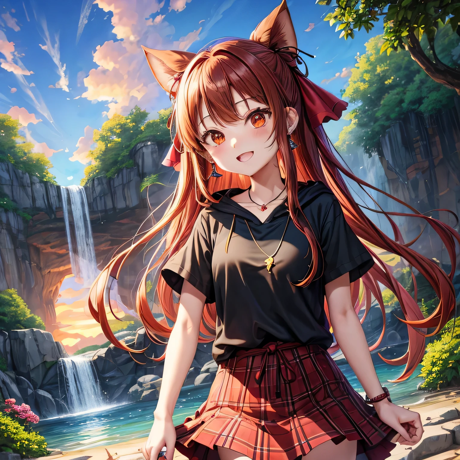 Brown, red, Money, Moneyen hair、Red eyes、One beautiful girl、alone、anime、Checkered mini skirt、Black camisole、Black T-shirt、hoodie、Wear a ribbon、Ribbon on waist、Crystal Earrings、Gemstone Necklace、Light and shadow、Tilt your face、Teeth are visible、waterfall、Kuroko、tunnel、Pylon、Sunset sky、Towering、frilled lizard、Light、flash、Barrel