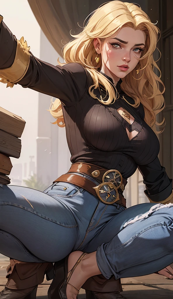 Beautiful woman with mid straight wavy ponytail blond hair with blue eyes wearing Tight Jeans Skirt With Leather Belt, Pink Sexy Criss Cross Mock Neck With Short Sleeves Blouse, luxurious jewelry and luxurious necklace, rimless glasses, pointless gloves, high heel shoes, sitting on a chair in an office room at night of full moon with cross-legged, (caucasian skin), (light brown lipstick), (elegant mascara), (slim body with abs), (small breasts), (wide hips), midjourney, <lora:GoodHands-, <lora:GoodLegs-, UHD, high resolution, (masterpiece:1.9, best quality), (expressive eyes, perfect face, full body, expressive face, perfect body, perfect pussy, athletic, fit, slim body, blushing, Perfect makeup, eyeliner, beautiful eyelashes, smiling, horny face), ((best illumination, best shadows)), ((sexy pose))