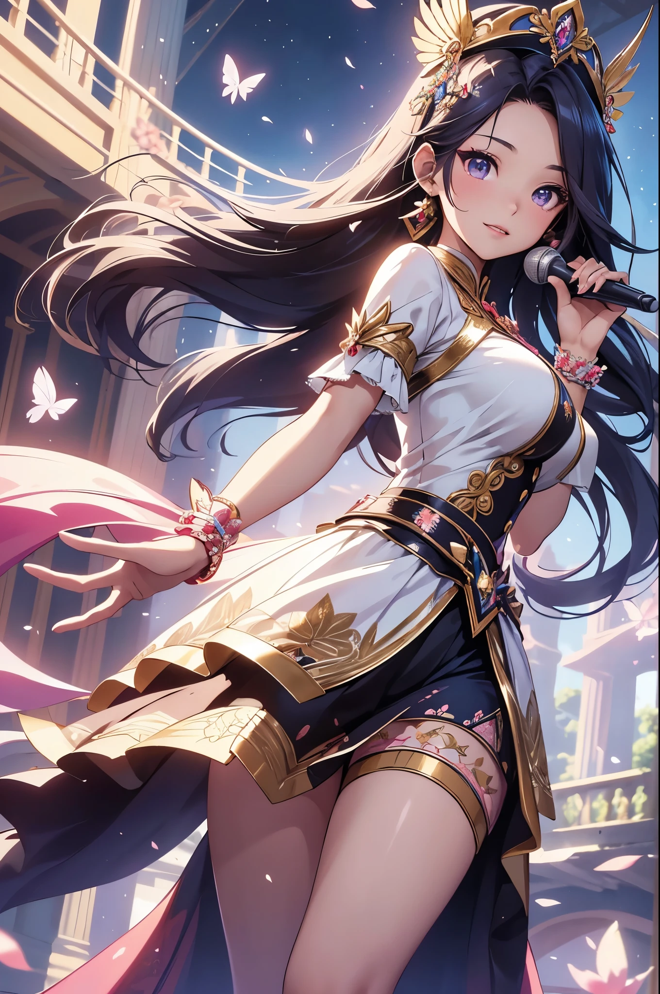(best quality,4k,8k,highres,masterpiece:1.2),ultra-detailed,(realistic,photorealistic,photo-realistic:1.37),acrylic painting,beautiful Indonesian model in a ta dress with downy hair,beautiful Indonesian model with extremely colorful hair and detailed facial features,beautiful Indonesian model standing in a beautiful garden surrounded by a starry sky,beautiful Indonesian model wearing a vibrant Loliress,beautiful Indonesian model with intricate accessories and a matching hat,beautiful Indonesian model posing gracefully with her hands on her hips,beautiful Indonesian model with long flowing twintails,beautiful Indonesian model with bright blue eyes and rosy lips,beautiful Indonesian model with a joyful expression,beautiful Indonesian model in a dynamic pose with cherry blossoms falling around her,beautiful Indonesian model surrounded by colorful flowers and butterflies,beautiful Indonesian model's dress adorned with cute bows and lace details,beautiful Indonesian model with an enchanting smile,beautiful Indonesian model with soft, pastel-colored shading,beautiful Indonesian model with a magical glow illuminating her,beautiful Indonesian model in a picturesque setting with a winding path leading to a magnificent castle,beautiful Indonesian model holding a microphone and singing passionately,beautiful Indonesian model with a fairytale-like background,beautiful Indonesian model with a soft, dreamy atmosphere,beautiful Indonesian model with a subtle bokeh effect,beautiful Indonesian model standing under a moonlit sky,beautiful Indonesian model with a warm, golden sunset in the background,beautiful Indonesian model surrounded by twinkling stars and colorful nebulae,creating an ethereal and captivating artistic masterpiece.