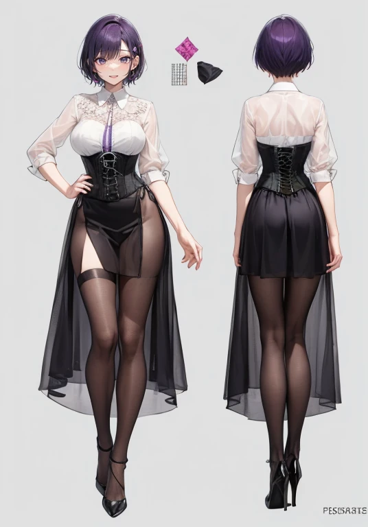 Purple hair,short cut hair,Adult female,(Bartender),See-through shirt,See-through tops,(Corset),(Tight skirt),(high heels),The heel is visible,((Simple background)),Smile,((Full body)),((whole body)),Character Sheet,