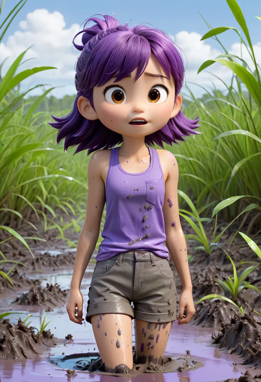 Une Japonaise de 14 ans, cheveux violet, collier bleu, Grey tank top, coincer dans un muddy swamp lui venant jusqu'à la taille, struggling to free themselves 3d Pixar, (best quality, 4k, 8k, High resolution, chef-d&#39;artwork:1.2), Ultra-detailed, (Realistic, photoRealistic, photo-Realistic:1.37),Jungle, muddy swamp, Des couleurs vives, studio lighting