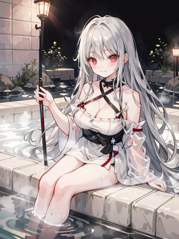 Gray Hair Red Eye Long Hair beautiful girl night hot spring bath Immerse smile looks comfortable cute highest quality one person A little sexy