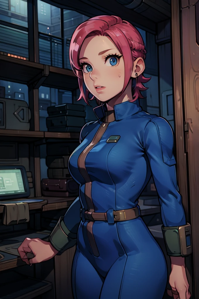 Mayl Sakurai reimagined as a vault dweller, doing maintenance in an underground vault. Her vibrant pink hair stands out against the dimly lit environment. She is a 26-year-old woman dressed in a vault dweller jumpsuit, indicative of her role in the post-apocalyptic world. The jumpsuit is worn but still functional, reflecting the harsh conditions of life underground. Her face is beautifully detailed, with expressive eyes that convey determination and intelligence. Her lips are also well-defined, adding to her overall allure.

In the vault, Mayl Sakurai is seen operating a pipboy, a wrist-worn device that serves as an essential tool and information hub for survival in the vault. The pipboy's screen emits a soft glow, illuminating Mayl's face and casting a subtle green hue on the surroundings. The details on the pipboy, from its buttons to its display, are extremely detailed, showcasing its futuristic design.

The underground vault is filled with mechanical equipment and pipes, emphasizing the importance of maintenance in this post-apocalyptic world. The atmosphere is gritty and industrial, with a hint of mystery and danger. The lighting is dim and has a hint of blue tones, enhancing the underground ambiance.

Despite the grim surroundings, Mayl Sakurai exudes confidence and strength as she jumps into action, ready to fulfill her duties as a vault dweller. Her posture and expression suggest that she is prepared to face any challenge that comes her way.

The image quality should be at its best, with 4K resolution and ultra-detailed rendering, capturing every intricate detail of the scene. The colors should be vivid, emphasizing the contrast between Mayl's vibrant pink hair and the dimly lit environment. The overall style should lean towards a post-apocalyptic concept art aesthetic, blending realism with a touch of fantasy.

In summary, the Stable Diffusion prompt for the provided theme would be:
Mayl Sakurai reimagined as a vault dweller, doing maintenance in an undergr