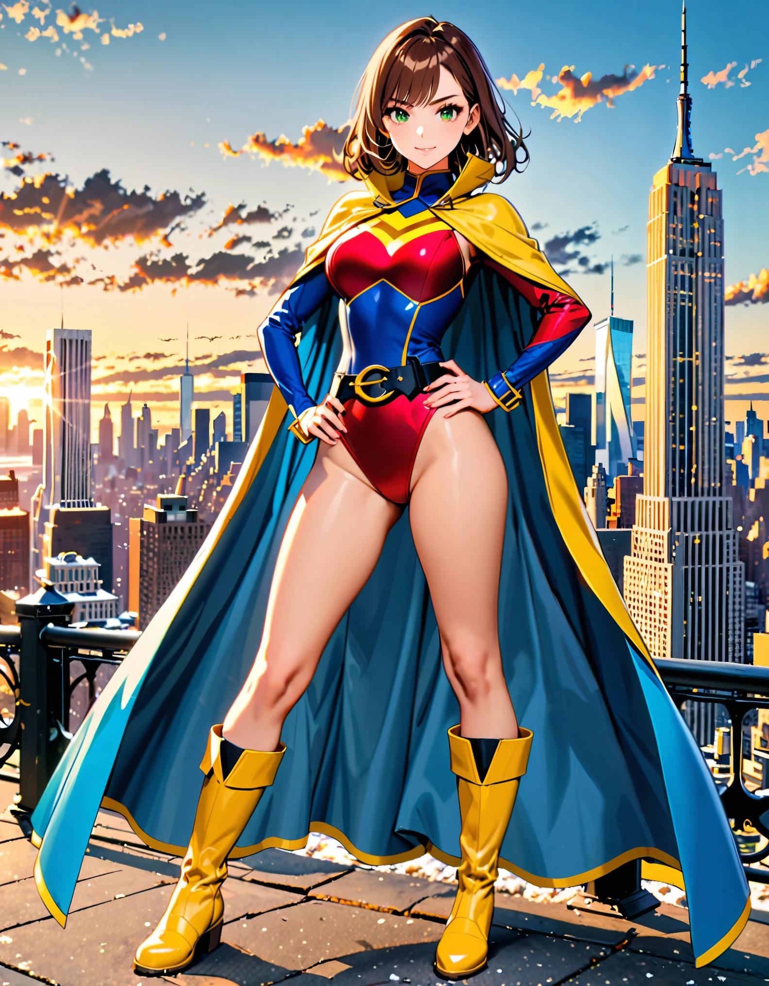 (masterpiece), (best quality), (high res), 1lady, tall body, beautiful detailed eyes, beautiful detailed face, perfect hands, complete fingers, perfect anatomy, perfect proportions, ((brown hair, medium hair)), ((green eyes)), ((leotard, red leotard, matching leotard, bare legs)), ((boots, matching boots, knee-high boots, yellow boots)), breasts, medium breasts, (full body portrait), looking at viewer, solo, solo focus, standing, one hand on hip, cowboy shot, new york backdrop, (belt, tight belt), (blue sleeves, yellow cuffs), (yellow hawk (symbol) on chest), (medium cape, light blue cape), full body costume design.