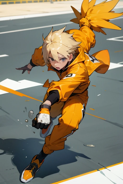 12 year old boy, blond hair, grey eyes, full body, orange goggles, chick jacket, white tracksuit pants, sprint, chocobo rush! 