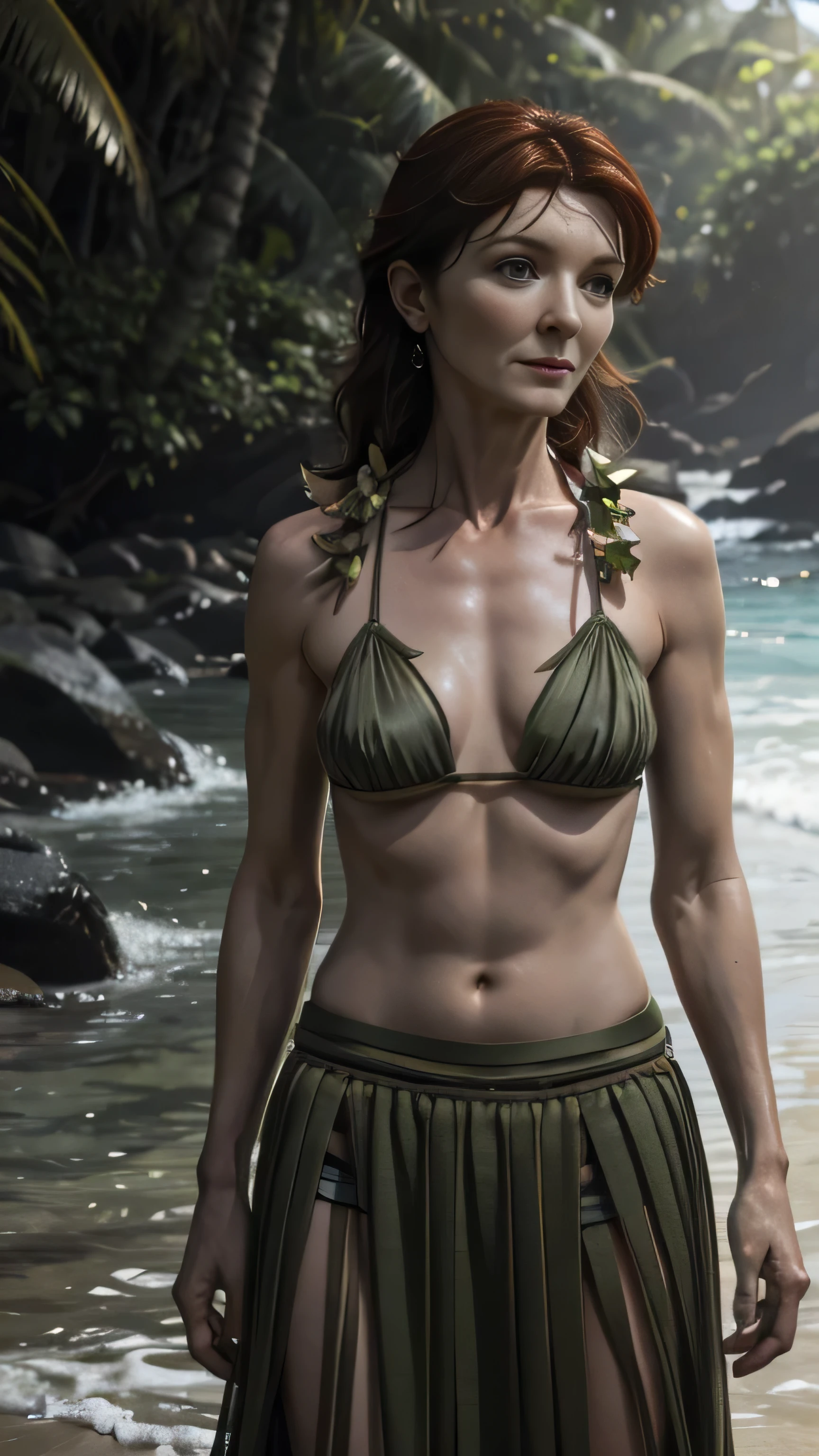 (Michelle Fairley) as Catelyn Stark, green bikini, lei, mini grskirt, beach, nature, jungle, tropical, (1woman), (solo), (full body view), beautiful detailed glow, detailed, cinematic light, intricate detail, realistic, highres, detailed facial features, high detail, sharp focus, smooth, aesthetic, extremely detailed, stamp, octane render