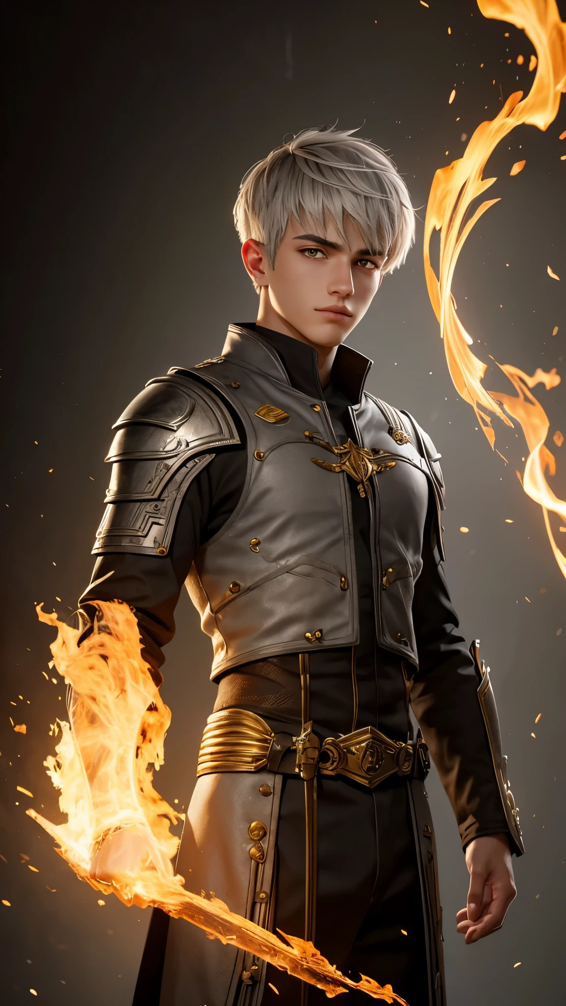 High detail, clarity, 8kk, young guy, 18 years old, light gray hair, short haircut, yellow eyes, standing on fire, realism, fantasy,