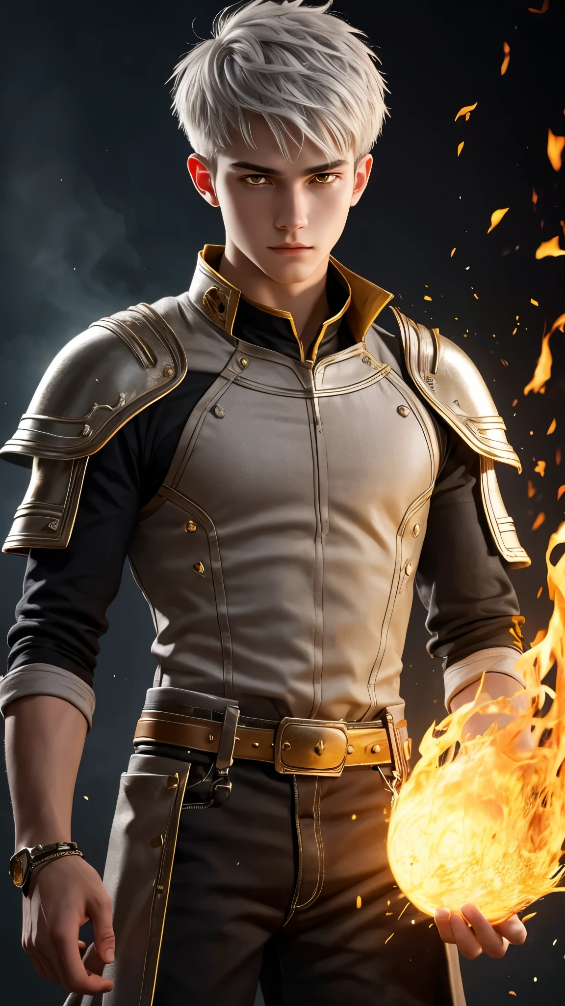 High detail, clarity, 8kk, young guy, 18 years old, light gray hair, short haircut, yellow eyes, standing on fire, realism, fantasy,