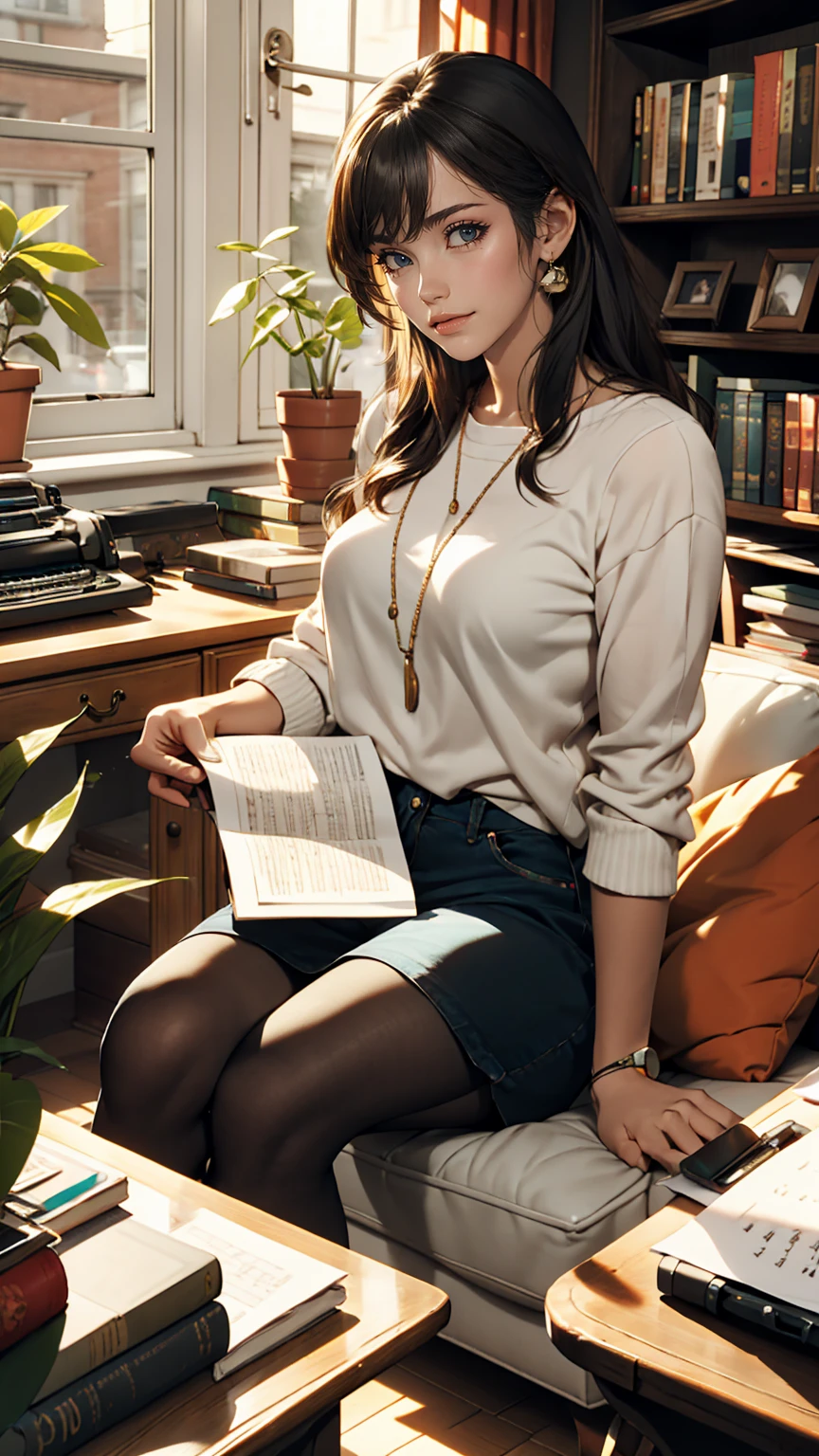 living room, sofa, window, curtain, Speckled sunlight, Potted plants, table, cupboard,Bookshelf, paper, Desk lamp, Typewriter, Girl sitting on sofa、smile