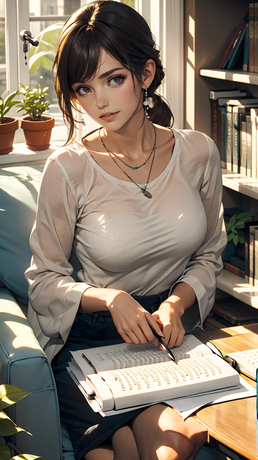 living room, sofa, window, curtain, Speckled sunlight, Potted plants, table, cupboard,Bookshelf, paper, Desk lamp, Typewriter, Girl sitting on sofa、smile