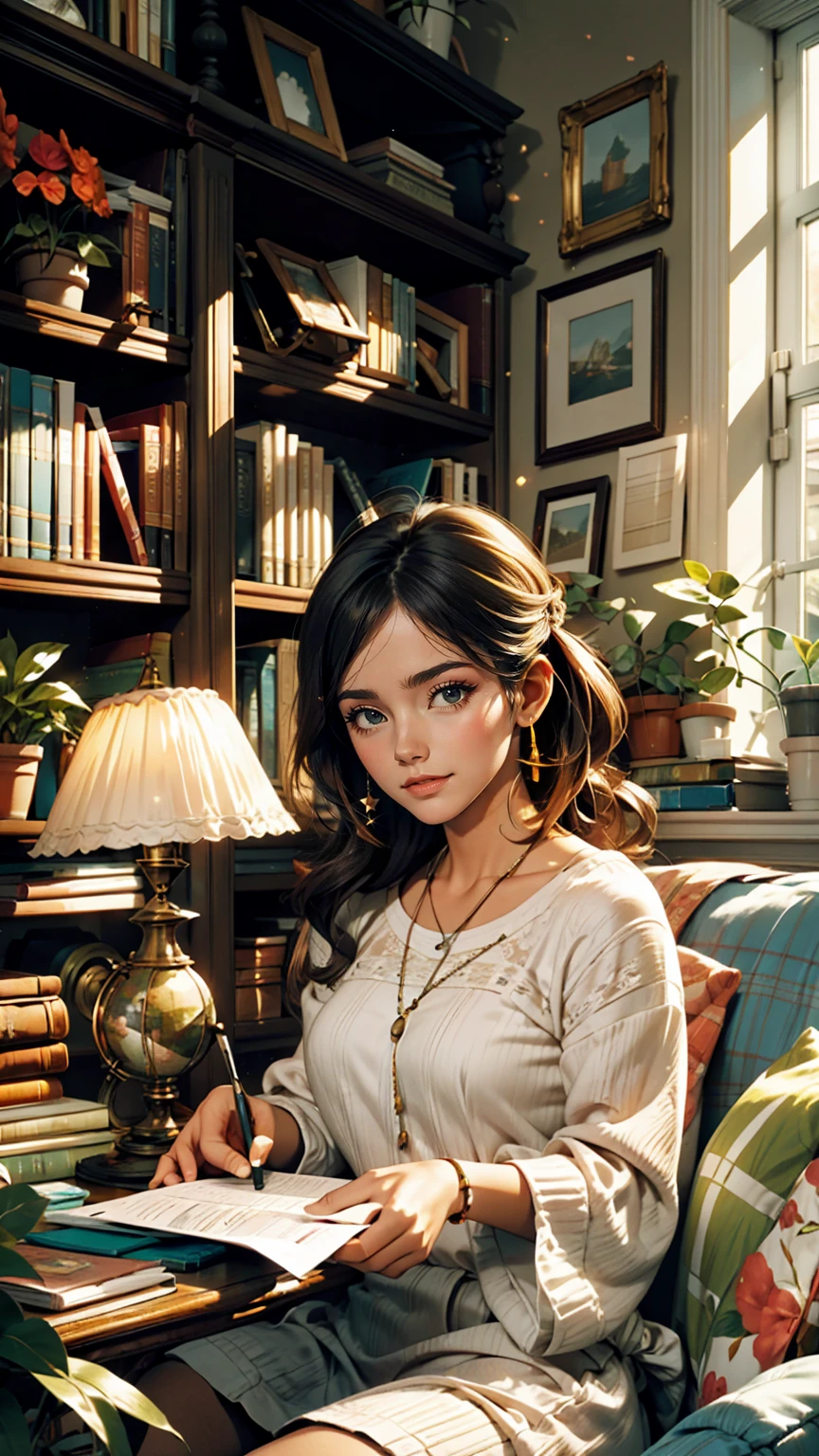 living room, sofa, window, curtain, Speckled sunlight, Potted plants, table, cupboard,Bookshelf, paper, Desk lamp, Typewriter, Girl sitting on sofa、smile