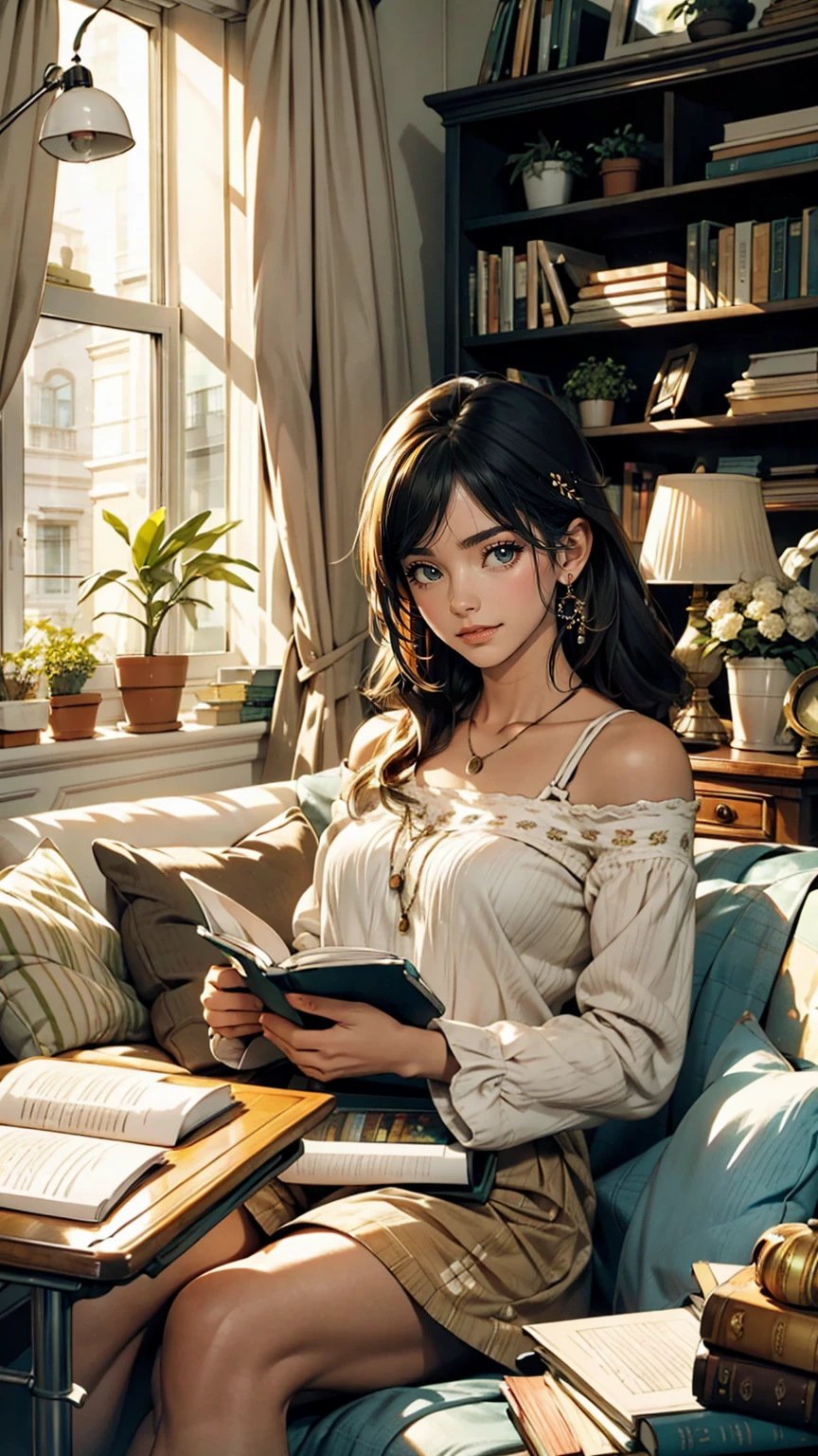 brunette girl, slim, long brown hair tied up in a high ponytail,with intense blue eyes, pink lips, profiled nose, wearing a white dress with flowers, sitting having breakfast in a dining room and reading a book 