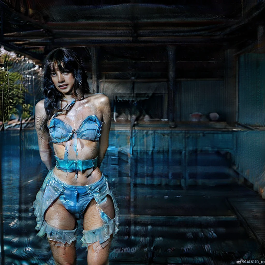 A cute woman is in a sexy cosplay as a blue skinned water nymph with billowing sheer silk cloth and body jewelry, high fantasy temple       