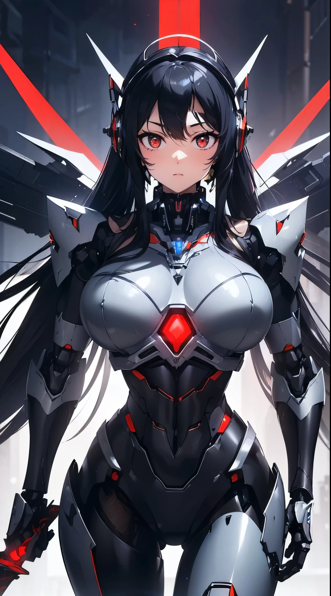 Glowing red robot eyes、Expressionless