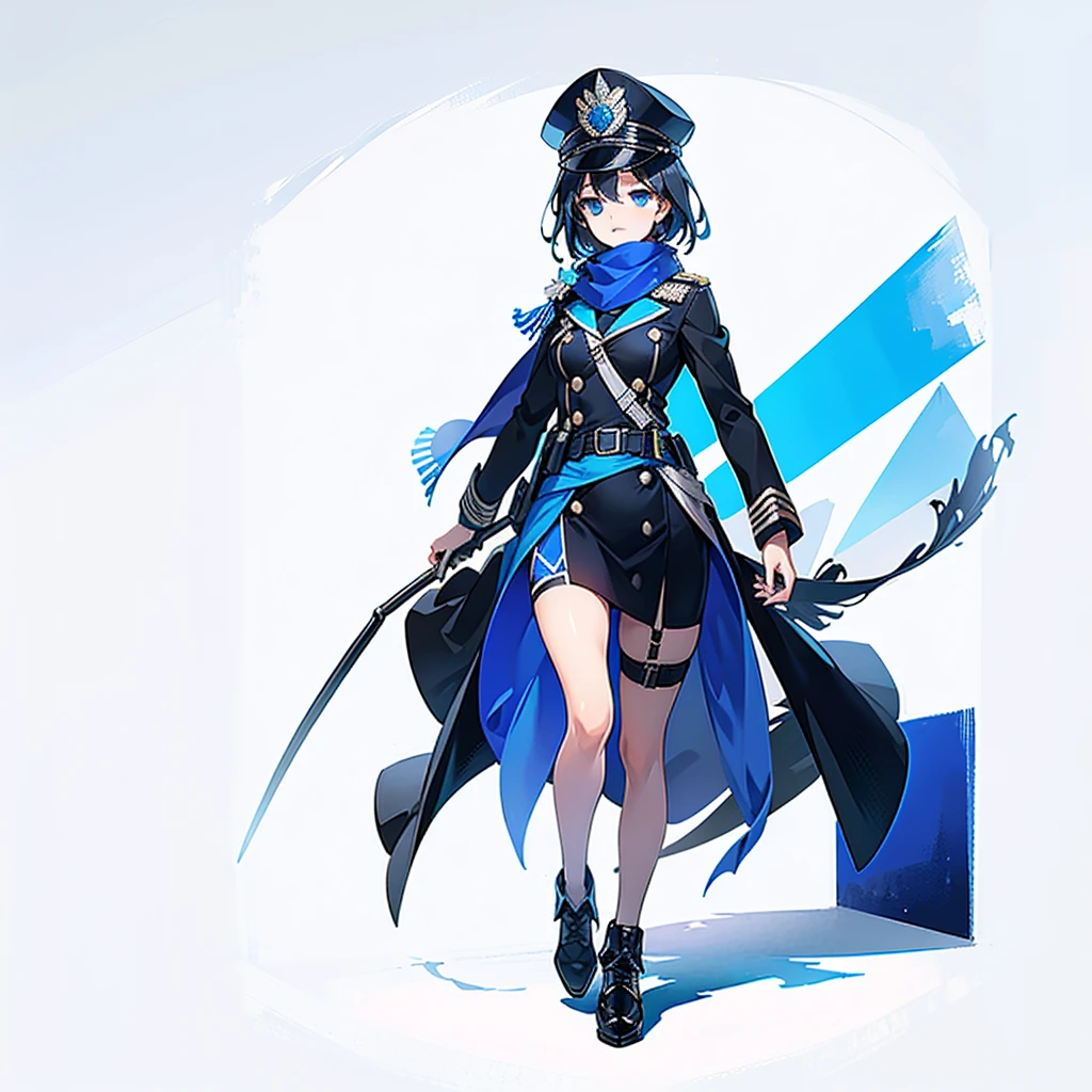 1girll，solo， figure，Delicate face and beautiful eyes，Delicate hair，short detailed hair，Blue sky background，Blue Themes，Black officer's cap，scarf，Black officer coat，(White background 1：：5)，Standing painting style，laughingly，((full bodyesbian))，（Detailed eyes），Leg straps，Officer shoes，walking stick