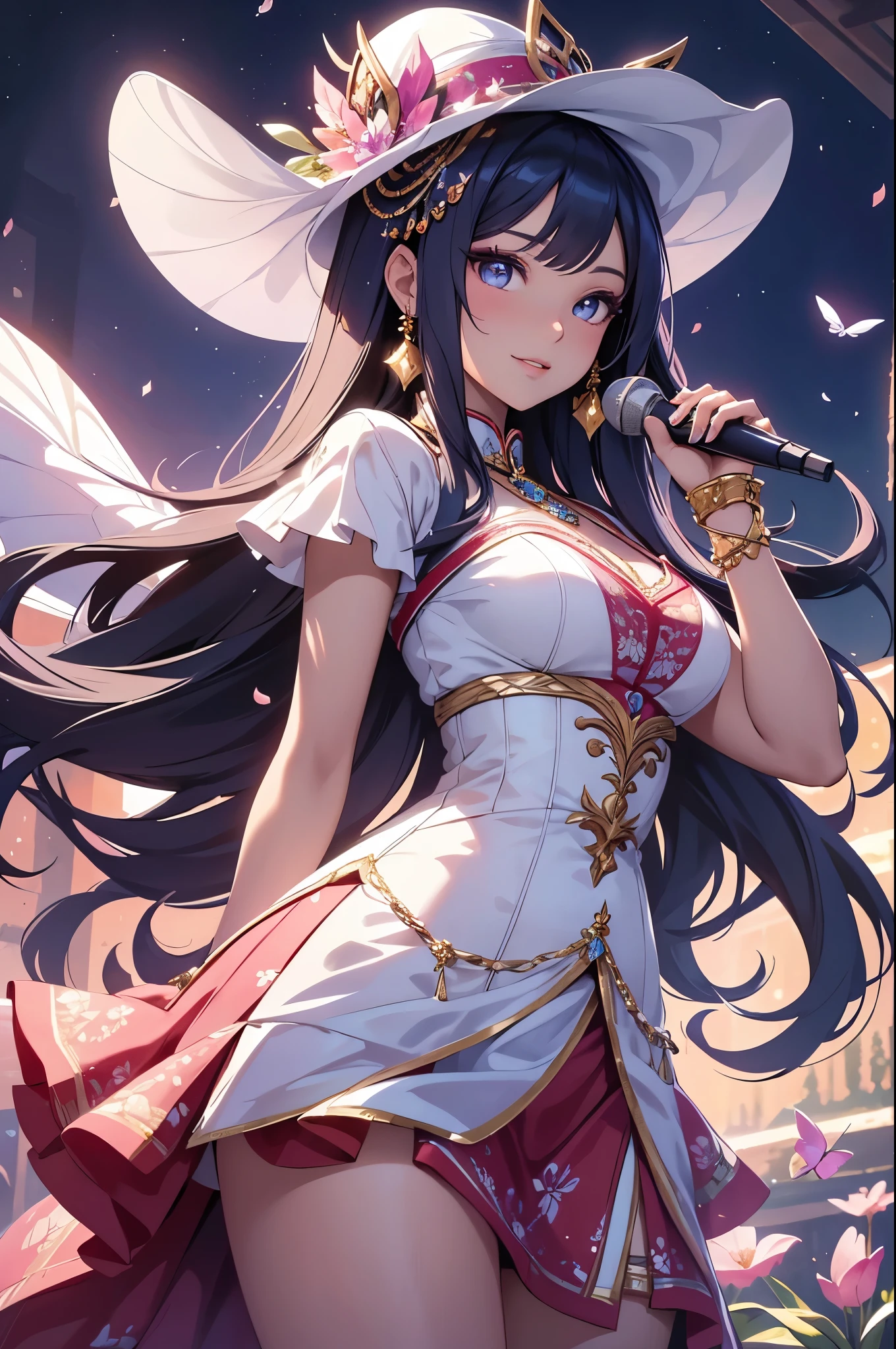 (best quality,4k,8k,highres,masterpiece:1.2),ultra-detailed,(realistic,photorealistic,photo-realistic:1.37),acrylic painting,beautiful Indonesian model in a Lolita dress with downy hair,beautiful Indonesian model with extremely colorful hair and detailed facial features,beautiful Indonesian model standing in a beautiful garden surrounded by a starry sky,beautiful Indonesian model wearing a vibrant Lolita dress,beautiful Indonesian model with intricate accessories and a matching hat,beautiful Indonesian model posing gracefully with her hands on her hips,beautiful Indonesian model with long flowing twintails,beautiful Indonesian model with bright blue eyes and rosy lips,beautiful Indonesian model with a joyful expression,beautiful Indonesian model in a dynamic pose with cherry blossoms falling around her,beautiful Indonesian model surrounded by colorful flowers and butterflies,beautiful Indonesian model's dress adorned with cute bows and lace details,beautiful Indonesian model with an enchanting smile,beautiful Indonesian model with soft, pastel-colored shading,beautiful Indonesian model with a magical glow illuminating her,beautiful Indonesian model in a picturesque setting with a winding path leading to a magnificent castle,beautiful Indonesian model holding a microphone and singing passionately,beautiful Indonesian model with a fairytale-like background,beautiful Indonesian model with a soft, dreamy atmosphere,beautiful Indonesian model with a subtle bokeh effect,beautiful Indonesian model standing under a moonlit sky,beautiful Indonesian model with a warm, golden sunset in the background,beautiful Indonesian model surrounded by twinkling stars and colorful nebulae,creating an ethereal and captivating artistic masterpiece. 