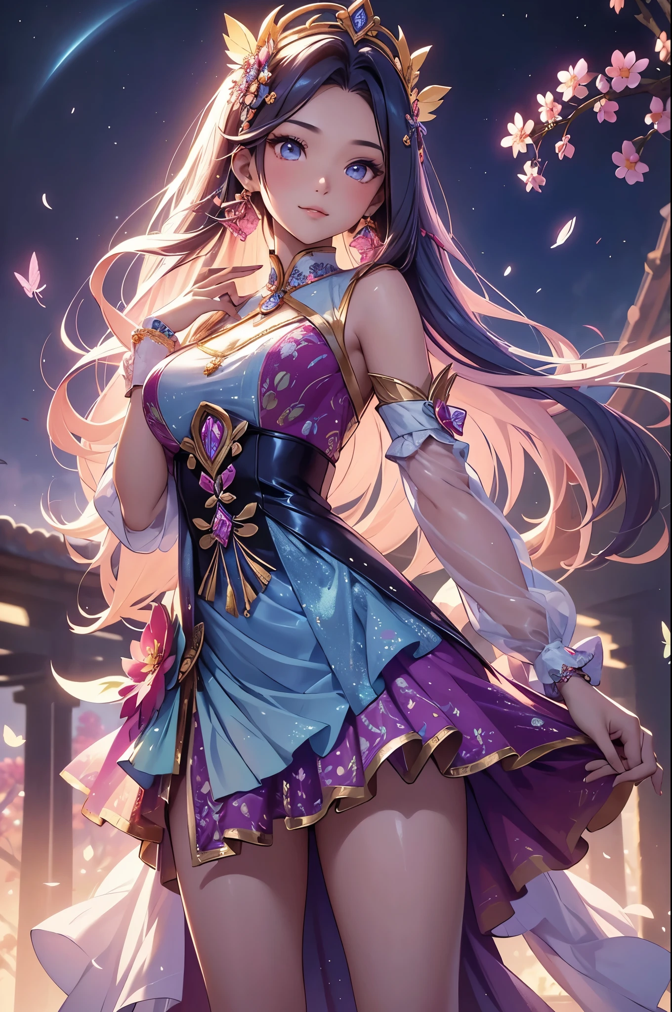 (best quality,4k,8k,highres,masterpiece:1.2),ultra-detailed,(realistic,photorealistic,photo-realistic:1.37),acrylic painting,beautiful Indonesian model in a ta dress with downy hair,beautiful Indonesian model with extremely colorful hair and detailed facial features,beautiful Indonesian model standing in a beautiful garden surrounded by a starry sky,beautiful Indonesian model wearing a vibrant Loliress,beautiful Indonesian model with intricate accessories and a matching hat,beautiful Indonesian model posing gracefully with her hands on her hips,beautiful Indonesian model with long flowing twintails,beautiful Indonesian model with bright blue eyes and rosy lips,beautiful Indonesian model with a joyful expression,beautiful Indonesian model in a dynamic pose with cherry blossoms falling around her,beautiful Indonesian model surrounded by colorful flowers and butterflies,beautiful Indonesian model's dress adorned with cute bows and lace details,beautiful Indonesian model with an enchanting smile,beautiful Indonesian model with soft, pastel-colored shading,beautiful Indonesian model with a magical glow illuminating her,beautiful Indonesian model in a picturesque setting with a winding path leading to a magnificent castle,beautiful Indonesian model holding a microphone and singing passionately,beautiful Indonesian model with a fairytale-like background,beautiful Indonesian model with a soft, dreamy atmosphere,beautiful Indonesian model with a subtle bokeh effect,beautiful Indonesian model standing under a moonlit sky,beautiful Indonesian model with a warm, golden sunset in the background,beautiful Indonesian model surrounded by twinkling stars and colorful nebulae,creating an ethereal and captivating artistic masterpiece.
