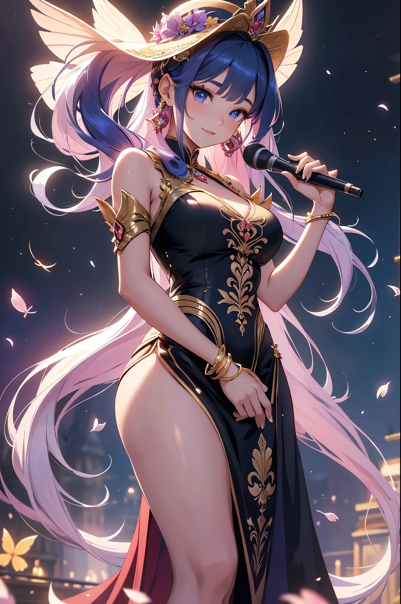 (best quality,4k,8k,highres,masterpiece:1.2),ultra-detailed,(realistic,photorealistic,photo-realistic:1.37),acrylic painting,beautiful Indonesian model in a ta dress with downy hair,beautiful Indonesian model with extremely colorful hair and detailed facial features,beautiful Indonesian model standing in a beautiful garden surrounded by a starry sky,beautiful Indonesian model wearing a vibrant Loliress,beautiful Indonesian model with intricate accessories and a matching hat,beautiful Indonesian model posing gracefully with her hands on her hips,beautiful Indonesian model with long flowing twintails,beautiful Indonesian model with bright blue eyes and rosy lips,beautiful Indonesian model with a joyful expression,beautiful Indonesian model in a dynamic pose with cherry blossoms falling around her,beautiful Indonesian model surrounded by colorful flowers and butterflies,beautiful Indonesian model's dress adorned with cute bows and lace details,beautiful Indonesian model with an enchanting smile,beautiful Indonesian model with soft, pastel-colored shading,beautiful Indonesian model with a magical glow illuminating her,beautiful Indonesian model in a picturesque setting with a winding path leading to a magnificent castle,beautiful Indonesian model holding a microphone and singing passionately,beautiful Indonesian model with a fairytale-like background,beautiful Indonesian model with a soft, dreamy atmosphere,beautiful Indonesian model with a subtle bokeh effect,beautiful Indonesian model standing under a moonlit sky,beautiful Indonesian model with a warm, golden sunset in the background,beautiful Indonesian model surrounded by twinkling stars and colorful nebulae,creating an ethereal and captivating artistic masterpiece.