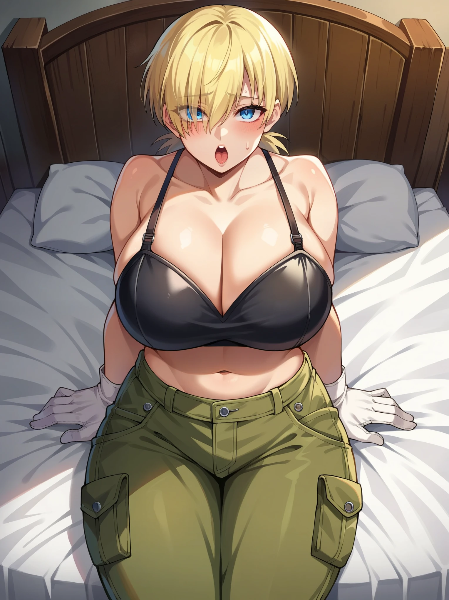 score_9, score_8_up, score_7_up, source_anime, solo, 1girl, berserk,  farnese, blush, shy, looking at viewer, arms behind back, blonde hair, hair over one eye, blue eyes, white gloves, hellsing, indoors, rating:safe, on bed, laying in bed, top view, birds eye view,  safe for work, latex bra, covered, clothes, standing, pants, cargo pants, huge breasts, huge thighs, moaning, ecstasy, lewd face, ahegao 