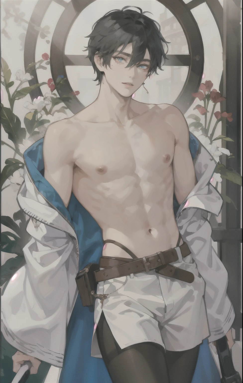 masterpiece, best quality, ultra detailed, (solo man), (male focus), ((Oblong face)), ((Square jawline)), black hair, ((hairs between eyes)), ((shoulder length)), ((narrow blue eye)), fair skin, skinny body, beauty mark, nsfw, men's pantyhose, delightful, cowboy shot