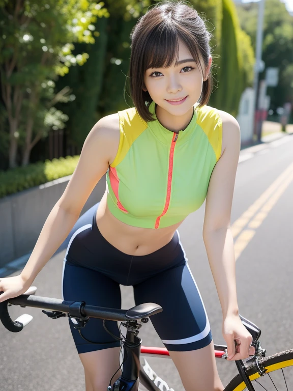 8k、(highest quality)、(masterpiece)、whole body、Very detailed、High resolution、8k、1 girl、Detailed face、(medium breasts)、Thin lips、Cute Japanese Woman、Cute 24 year old beauty、Beautiful and elegant face、Cute face、Natural Bangs、Arched eyebrows、well-groomed eyebrows、(large eyes balanced on the left and right sides,)、Cute eyes、Beautiful Eyes、Beautiful thin nose、Beautiful face line、Beautiful Skin、Medium Bob Hair、Natural Bangs、Slim face、Slim figure、(Smiling and looking at the camera)、Facial lighting、Bright lighting、Professional Lighting、Forward lighting、(bicycle)、(Tight cycling wear)、(Hot Spats)、(Summer outdoors)、Tight sportswear、Tight sports uniform、Clear skies、Painted road、cute navel、bicycleを押して歩く、