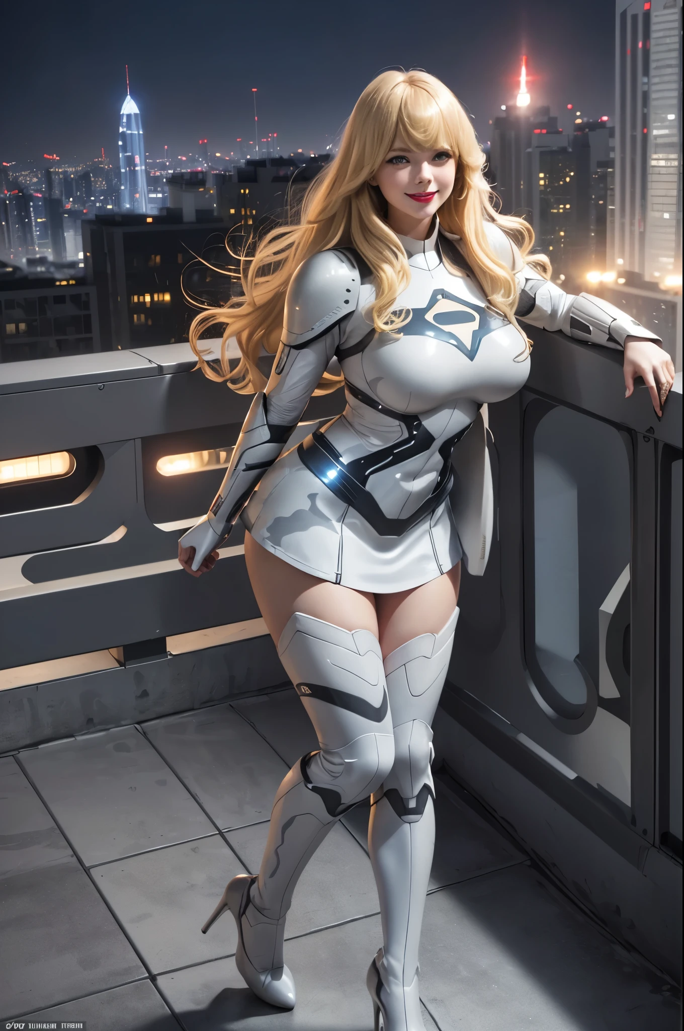 Supergirl, 29 years old, ((( Taylor Swift:Emma Stone:0.7))) full body shot, Beautiful woman (((long wavy blonde hair)))(bangs:1.2) defined body, Red lipstick, smiling slightly, hands free, standing, (( white, light grey, dark grey camouflage futuristic armor with matching heels, without skirt)), rooftop garden city night (huge_breasts:1.3) (curvy:1.2)(chubby:1.1)