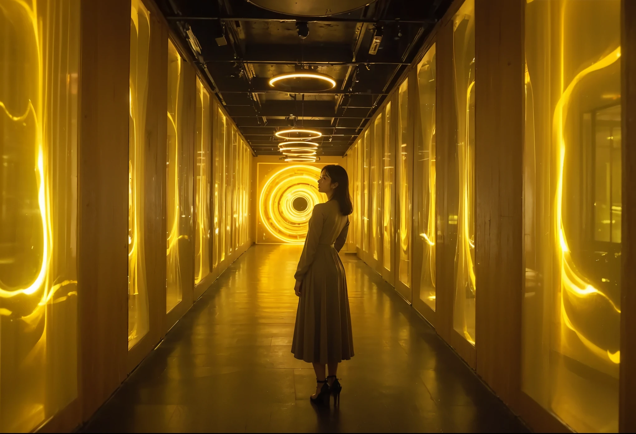 Create an image that captures the moment at the end of a golden corridor where a large, cell-like luminous installation stands. The prompt should include the following elements: A long, golden corridor with reflective walls that give off a warm, ambient light, leading to a central focus at the end of the hallway. A large, bioluminescent cell-like installation at the corridor's end, designed to resemble a glowing cell with translucent membranes and pulsating light, symbolizing life and energy. A graceful woman with an elegant demeanor standing near the installation, in the process of 'lighting it up' with an interactive gesture or control panel, indicating the start of an event or the activation of the installation. The woman should be dressed in a sophisticated outfit that complements the futuristic setting, with her posture and expression conveying a sense of importance and ceremony. Behind the cell-like installation, there should be grand entrance doors that lead to the main venue, suggesting that the activation of the installation is a prelude to entering the main event. The overall atmosphere should be one of anticipation and excitement, with the golden corridor and the glowing cell installation serving as a bridge between the ordinary and the extraordinary. The lighting should be dramatic, with the cell installation as the primary light source, casting soft, golden hues that reflect off the corridor walls and illuminate the woman's face. This image should evoke a sense of discovery and wonder, as if the viewer is about to witness the unveiling of something truly remarkable within the main venue. xianxia