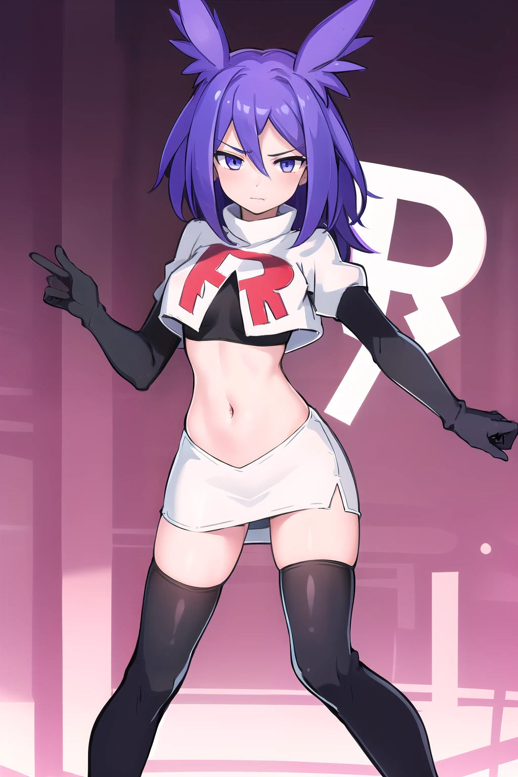 masterpiece, 1girl, levia \(trillion\), team rocket,team rocket uniform,white skirt,red letter R,crop top,black thigh-highs,black elbow gloves