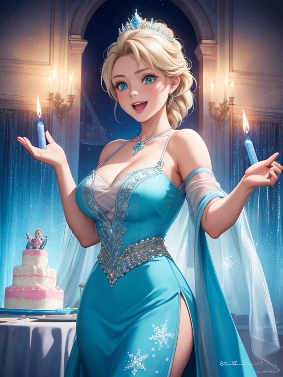 4〜A fun birthday party scene with six kids, cake, Candles and Disney「Frozen」Elsa is standing in the background, Celebration style, Detailed depiction of the characters&#39; facial structures, Bright colors overall, candles on the cake, Charles M. Schultz