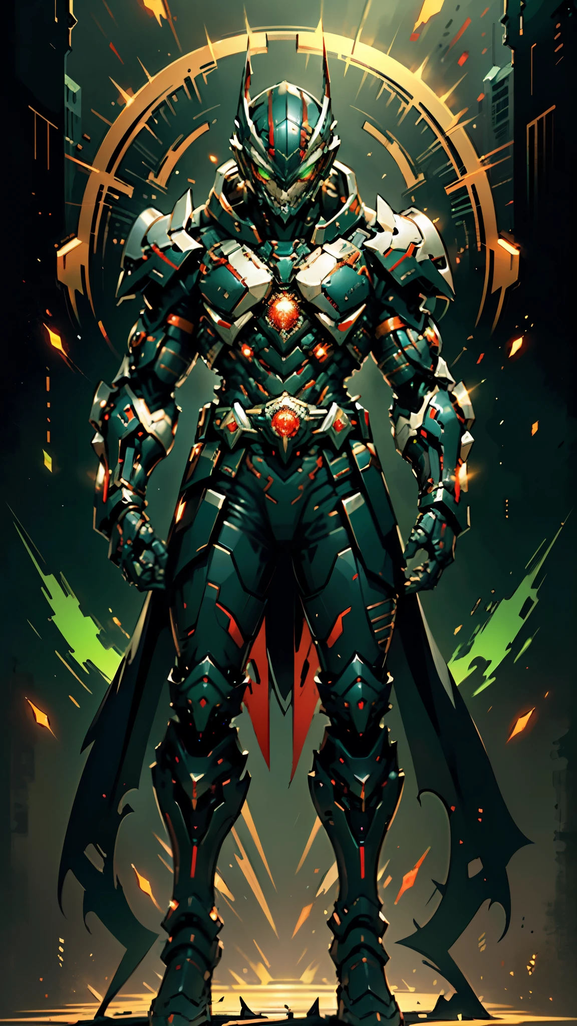 A man wearing a full-face helmet, a fantasy-style biotech armored combat suit, green eyes, (a composite layered chest armor), fully enclosed shoulder guards, matching arm and leg guards, the belt is adorned with fangs biting into orbs, (the color scheme is primarily black with red accents), the design balances heavy with agility, a high-tech bio-mecha armor, (Armor Concept Inspired by Bat, stand on the top of a skyscraper in a futuristic sci-fi city), this character embodies a finely crafted fantasy-surreal style armored hero in anime style, exquisite and mature manga art style, (element, plasma, energy, the armor glows), ((male:1.5)), metallic, real texture material, dramatic, high definition, best quality, highres, ultra-detailed, ultra-fine painting, extremely delicate, professional, perfect body proportions, golden ratio, anatomically correct, symmetrical face, extremely detailed eyes and face, high quality eyes, creativity, RAW photo, UHD, 32k, Natural light, cinematic lighting, masterpiece-anatomy-perfect, masterpiece:1.5