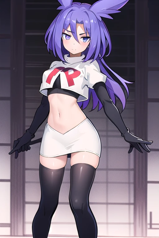 masterpiece, 1girl, levia \(trillion\), team rocket,team rocket uniform,white skirt,red letter R,crop top,black thigh-highs,black elbow gloves