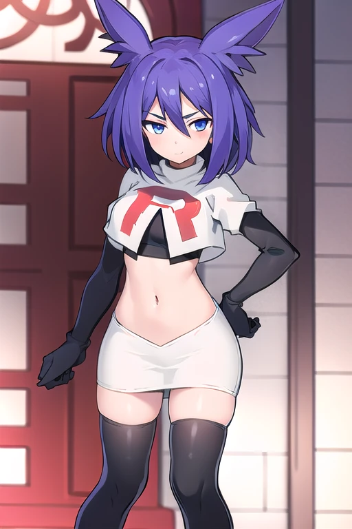 masterpiece, 1girl, levia \(trillion\), team rocket,team rocket uniform,white skirt,red letter R,crop top,black thigh-highs,black elbow gloves