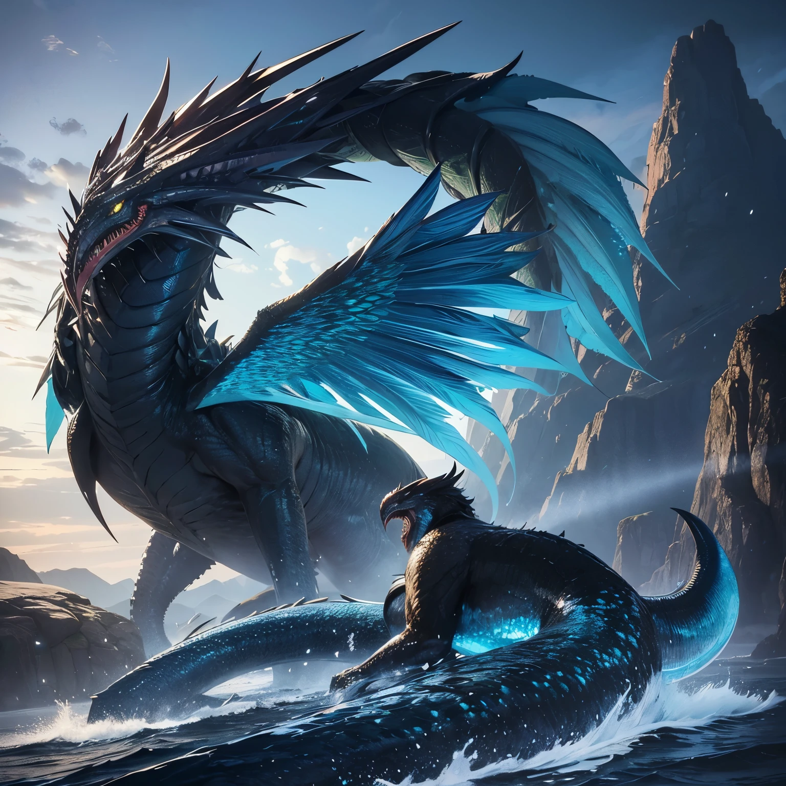 Generate an image of a mythical creature that is a hybrid between Leviathan and Griffon. It should have features of both creatures, such as the massive, serpentine body of the Leviathan and the wings and beak of the Griffon.