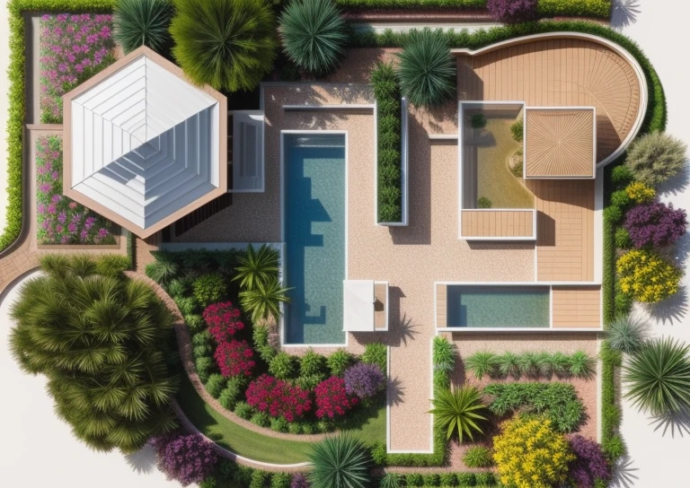 a drawing of a garden with a pond and a house, with a fishpond and courtyard, colorful architectural drawing, architectural illustration, complex and detailed, very detailed design, aerial illustration, detailed digital illustration, 2 d axonometric overhead view, high detail illustration, aerial perspective, residential design, really detailed, detailed design, impossibly detailed, insanly detailed