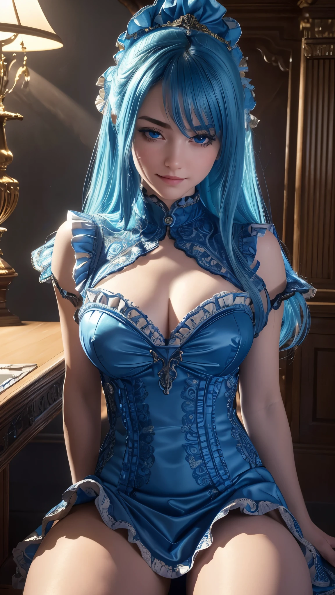 highly detailed, 8k, masterpiece, 1girl, Blue frilled_hair_tubes, dress, bend_over , smirk, (perfect_face), sitting, desk, ornate, intricate, dramatic lighting, 4k, detailed_background, caustics, full_body, (hyperrealistic:1.3), bloom,(beautiful lighting:1.3), caustics, dynamic lighting, beautiful lighting,  