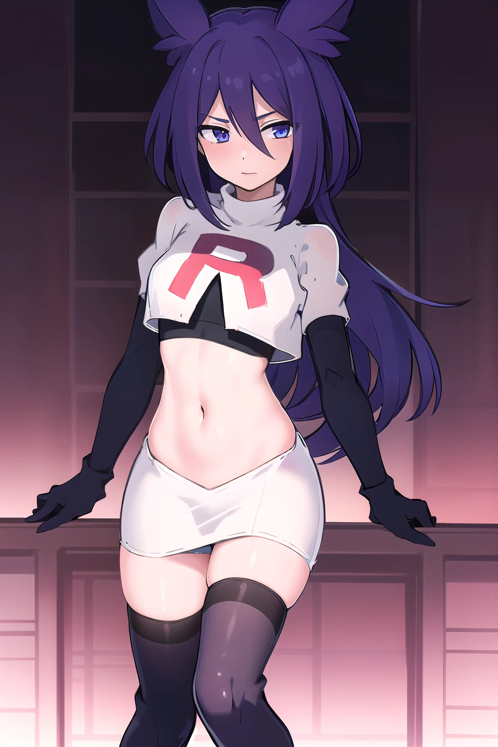 masterpiece, 1girl, levia \(trillion\), team rocket,team rocket uniform,white skirt,red letter R,crop top,black thigh-highs,black elbow gloves