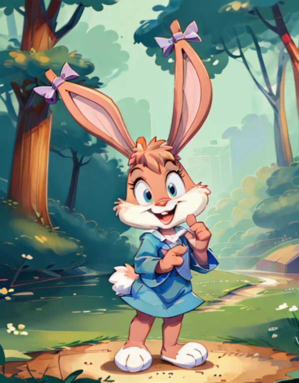 (source_furry, source_cartoon, score_9, score_8_up, score_7_up:1), solo female, 1girl, screencap, (chibi:0.5), bunny, bows, looking at viewer, V, smile, open mouth, winking, outdoors, forest