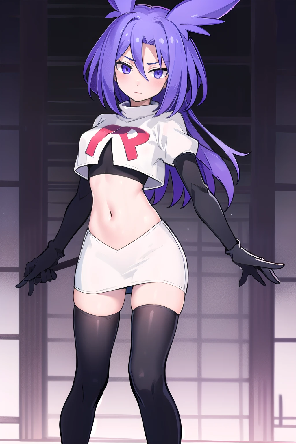 masterpiece, 1girl, levia \(trillion\), team rocket,team rocket uniform,white skirt,red letter R,crop top,black thigh-highs,black elbow gloves