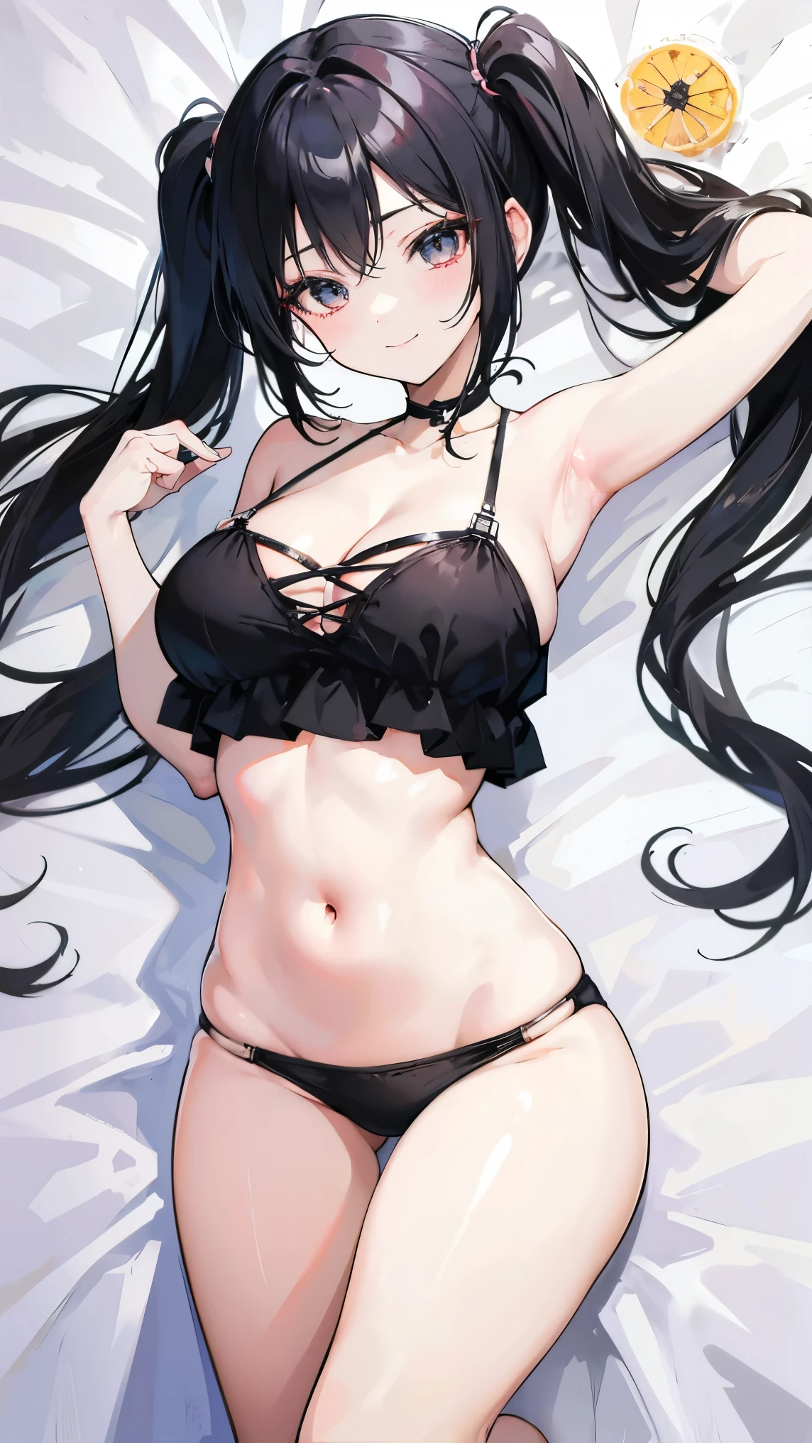masterpiece,anime style,chibi,sexy girl,black hair,shoulder length hair with two pigtails,bikini,smiling,larger breasts,waiting on the right side of the image,showing cleavage,full body,standing,alone,lying on a bed