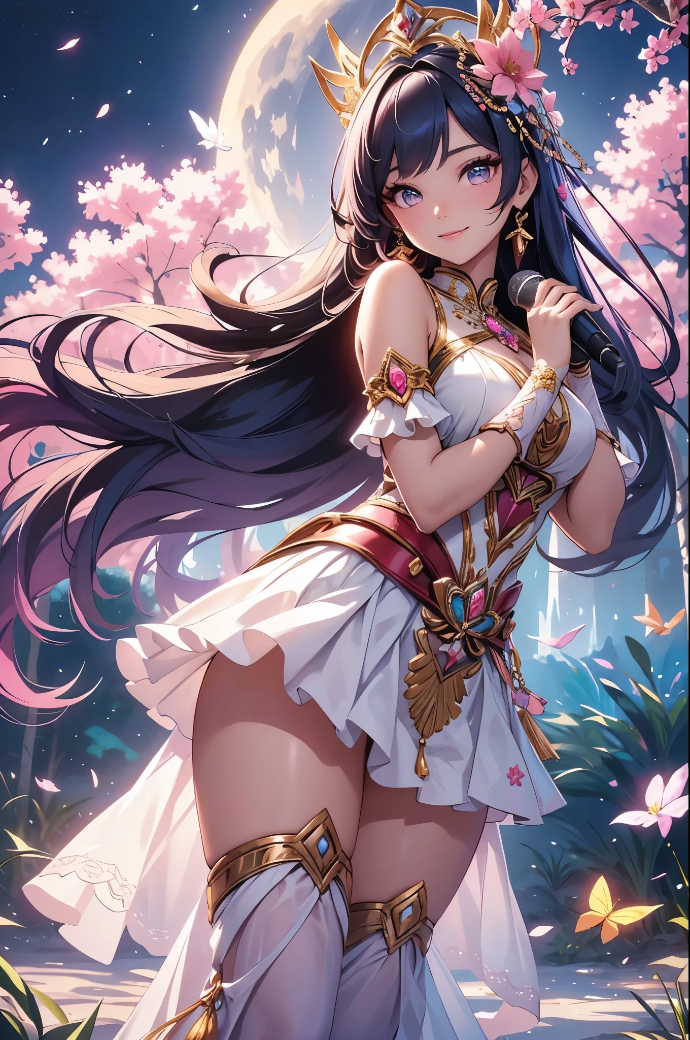 (best quality,4k,8k,highres,masterpiece:1.2),ultra-detailed,(realistic,photorealistic,photo-realistic:1.37),acrylic painting,beautiful Indonesian model in a ta dress with downy hair,beautiful Indonesian model with extremely colorful hair and detailed facial features,beautiful Indonesian model standing in a beautiful garden surrounded by a starry sky,beautiful Indonesian model wearing a vibrant Loliress,beautiful Indonesian model with intricate accessories and a matching hat,beautiful Indonesian model posing gracefully with her hands on her hips,beautiful Indonesian model with long flowing twintails,beautiful Indonesian model with bright blue eyes and rosy lips,beautiful Indonesian model with a joyful expression,beautiful Indonesian model in a dynamic pose with cherry blossoms falling around her,beautiful Indonesian model surrounded by colorful flowers and butterflies,beautiful Indonesian model's dress adorned with cute bows and lace details,beautiful Indonesian model with an enchanting smile,beautiful Indonesian model with soft, pastel-colored shading,beautiful Indonesian model with a magical glow illuminating her,beautiful Indonesian model in a picturesque setting with a winding path leading to a magnificent castle,beautiful Indonesian model holding a microphone and singing passionately,beautiful Indonesian model with a fairytale-like background,beautiful Indonesian model with a soft, dreamy atmosphere,beautiful Indonesian model with a subtle bokeh effect,beautiful Indonesian model standing under a moonlit sky,beautiful Indonesian model with a warm, golden sunset in the background,beautiful Indonesian model surrounded by twinkling stars and colorful nebulae,creating an ethereal and captivating artistic masterpiece.