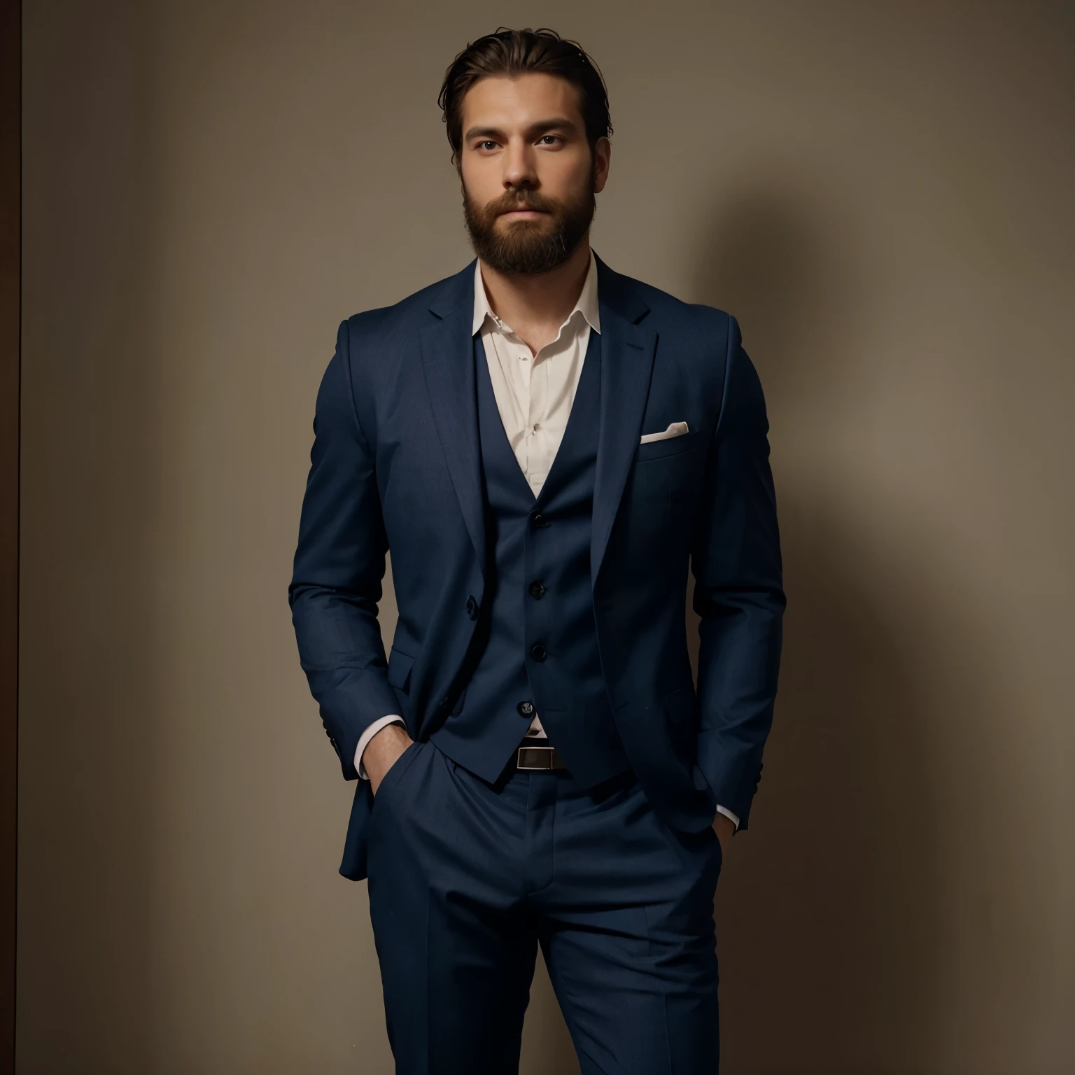 Bearded man wearing suit，The buttons on the suit are unbuttoned，Showing off a muscular body