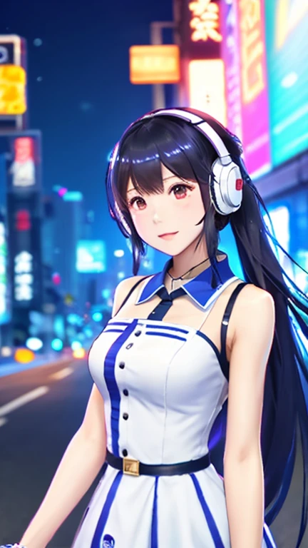 Anime girl wearing headphones and white dress standing in front of the city, From the Azur Lane video game, Azure Lane style, Girls Frontline style, from Girls Frontline, from the night of the ark, Girls Frontline universe, Girls Frontline cg, 《Azur route》Role in, Fine details. Girls Frontline, Girls Frontline, Perfect girl, Ayaka Genshin Impact, Deadly