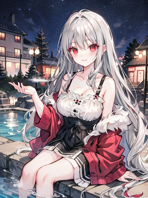 Gray Hair Red Eye Long Hair upon beautiful girl night hot spring bus soak smile Looks comfortable cute highest quality one person A little sexy