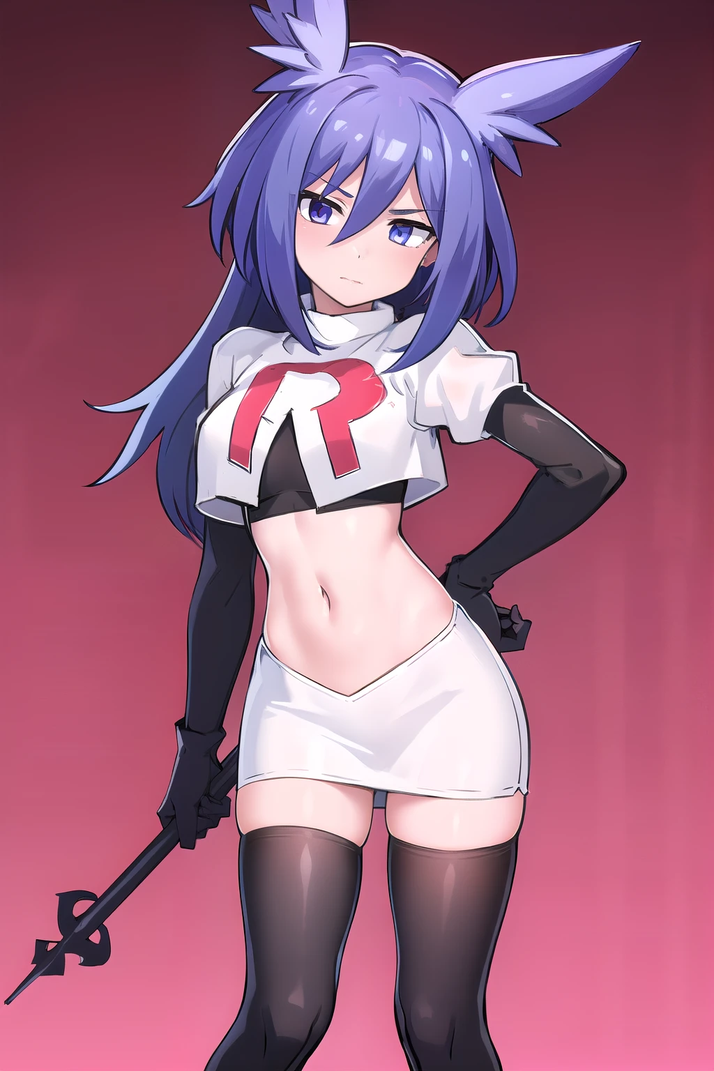 masterpiece, 1girl, levia \(trillion\), team rocket,team rocket uniform,white skirt,red letter R,crop top,black thigh-highs,black elbow gloves